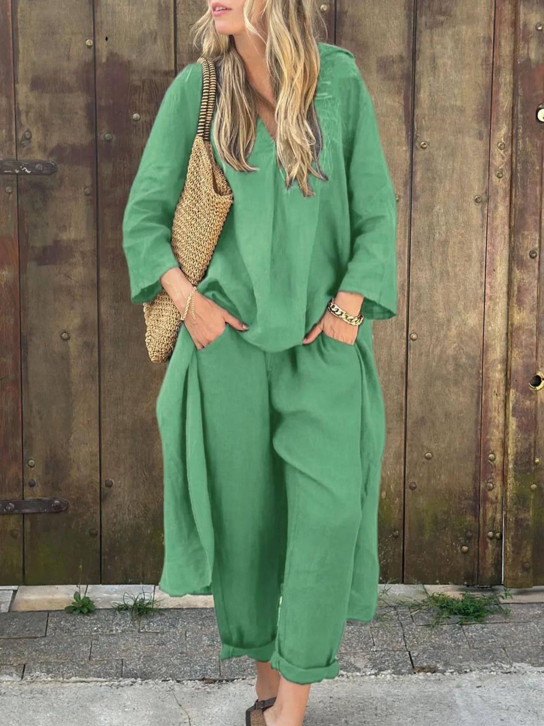 Linen Irregular Loose V-neck Top and High-Waisted Pocket Wide-leg Trousers Set