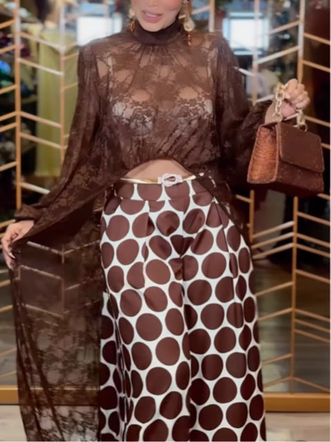 Brown lace robe top and polka dot trousers set