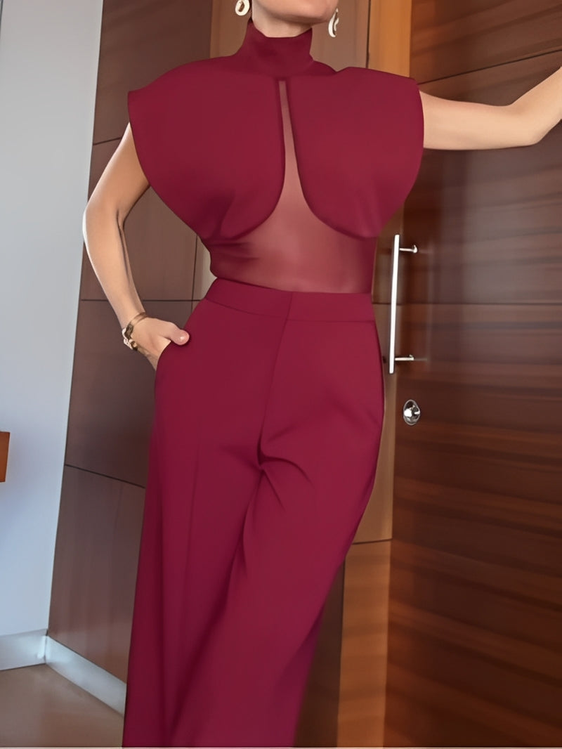 Burgundy patchwork sheer mesh top and trousers set