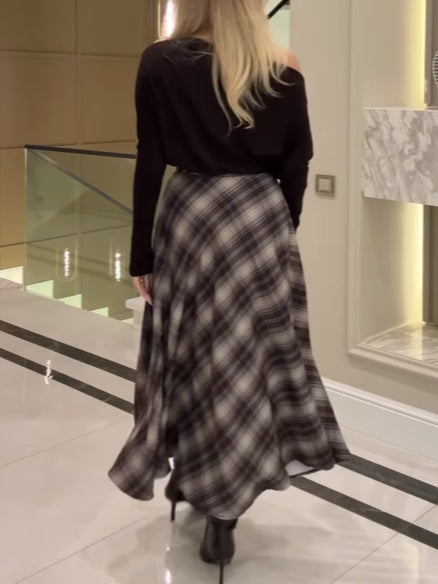 Black off-shoulder top and checked skirt set (including belt)