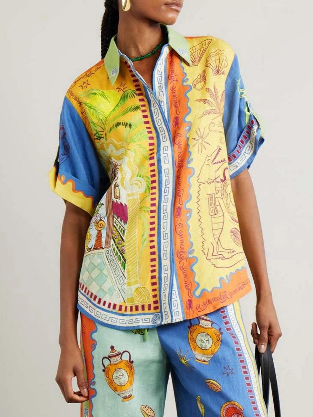 Summer Fantasy Print Short Sleeve Loose Top and Trousers Set