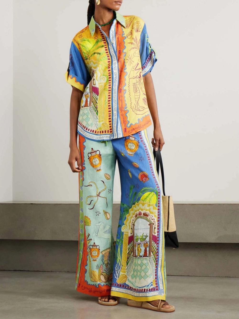 Summer Fantasy Print Short Sleeve Loose Top and Trousers Set
