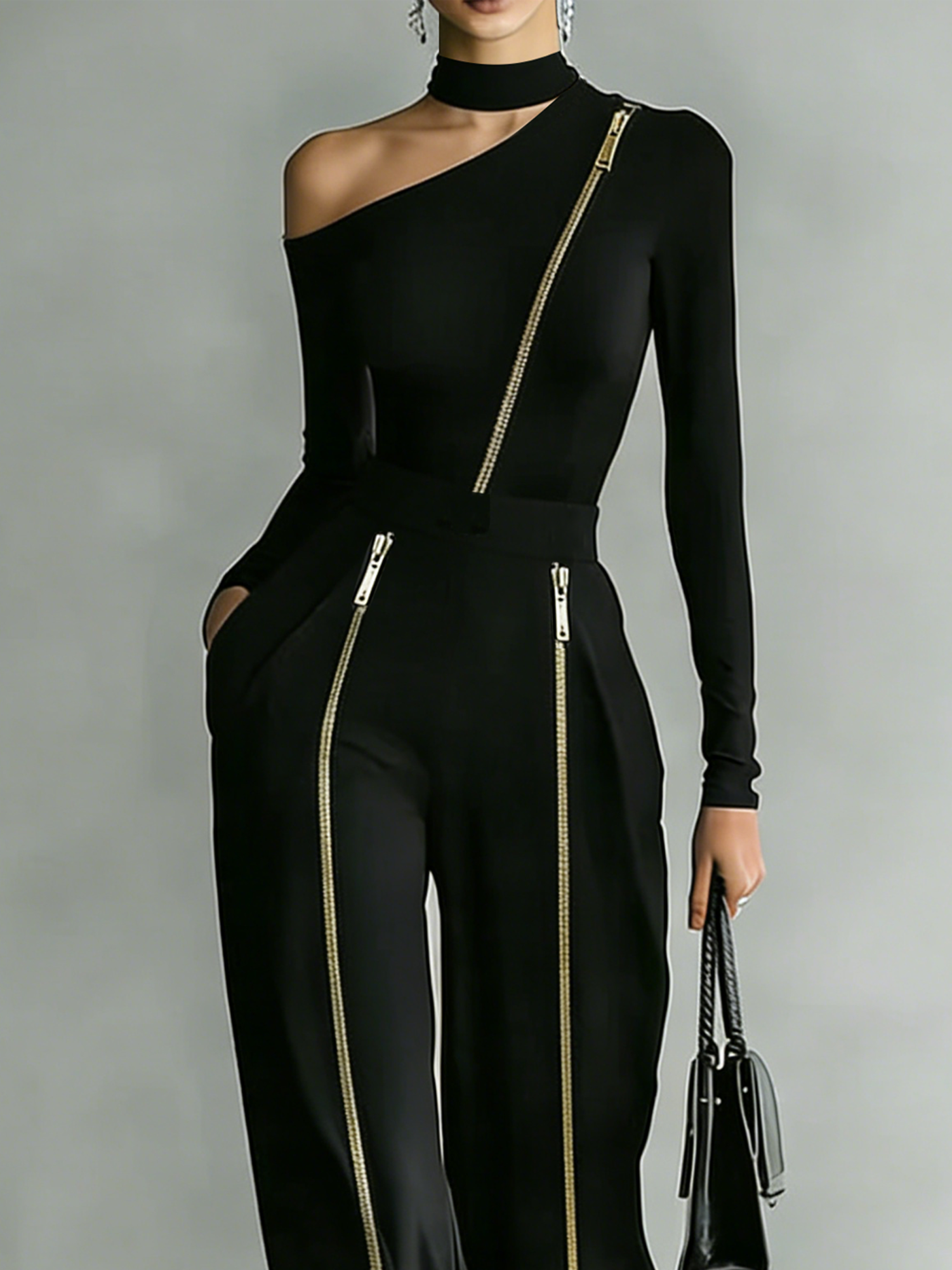 Urban minimalist irregular off-shoulder zip set