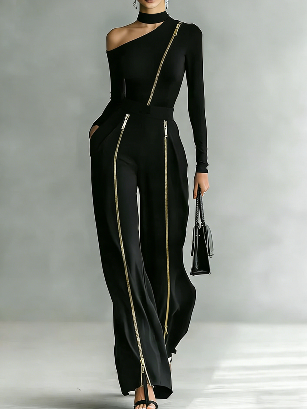 Urban minimalist irregular off-shoulder zip set
