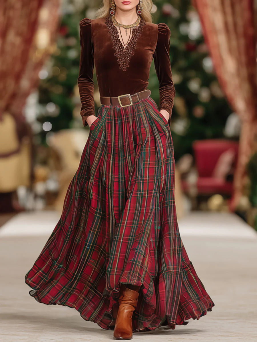 V-neck Lace Long-sleeved T-shirt and Red Plaid Skirt Set (Includes belt)