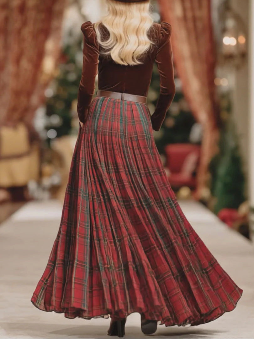 V-neck Lace Long-sleeved T-shirt and Red Plaid Skirt Set (Includes belt)