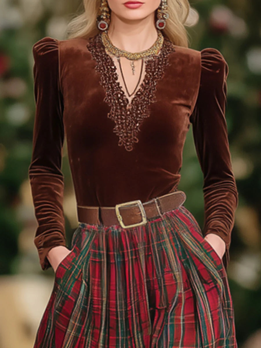 V-neck Lace Long-sleeved T-shirt and Red Plaid Skirt Set (Includes belt)