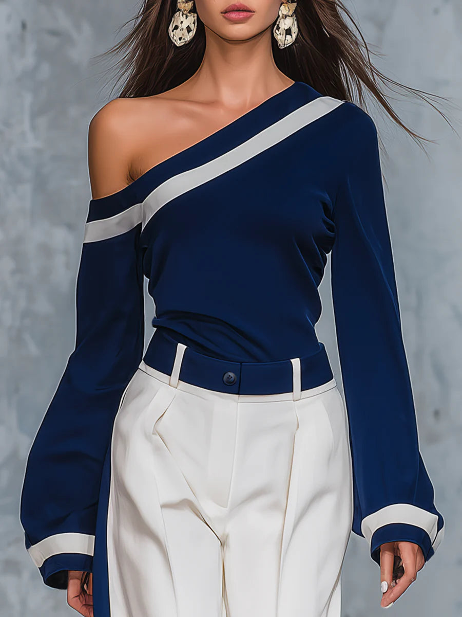 Vintage Charming One-shoulder Top And Wide-leg Trousers Set