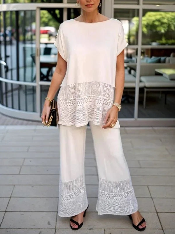 Hollow Crew Neck Short-sleeved Top and Wide-leg Trousers Set