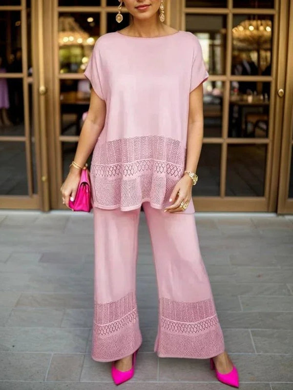 Hollow Crew Neck Short-sleeved Top and Wide-leg Trousers Set