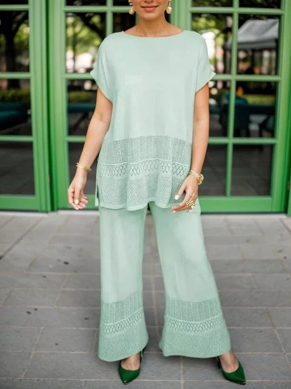 Hollow Crew Neck Short-sleeved Top and Wide-leg Trousers Set