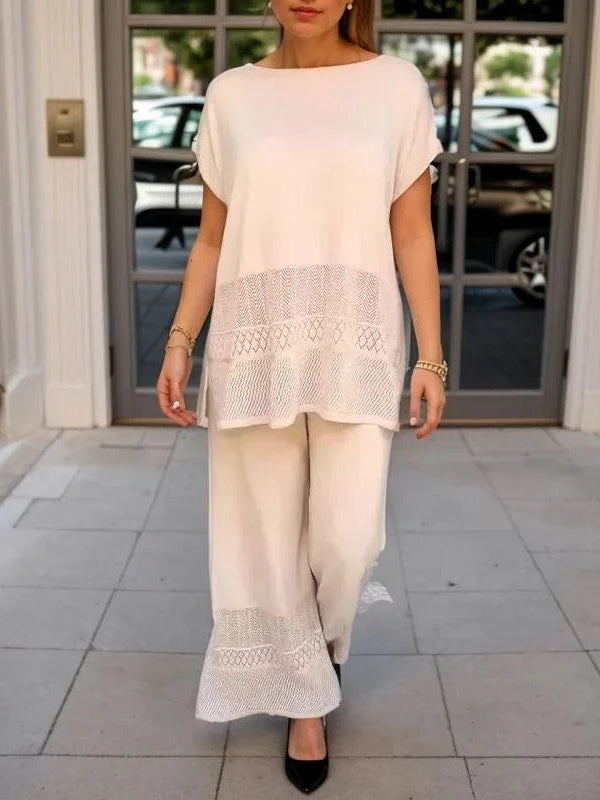 Hollow Crew Neck Short-sleeved Top and Wide-leg Trousers Set