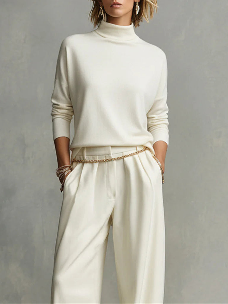 Soft turtleneck top and flowing wide-leg trousers set (including waist chain)