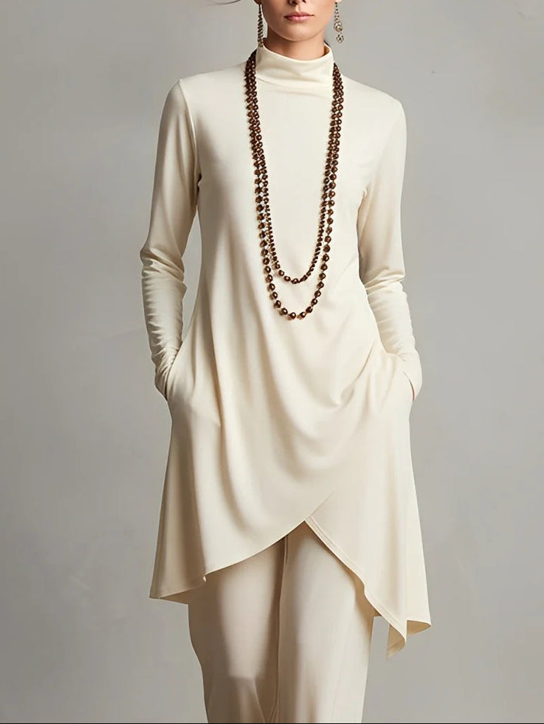 High-neck asymmetrical hem top and trousers set