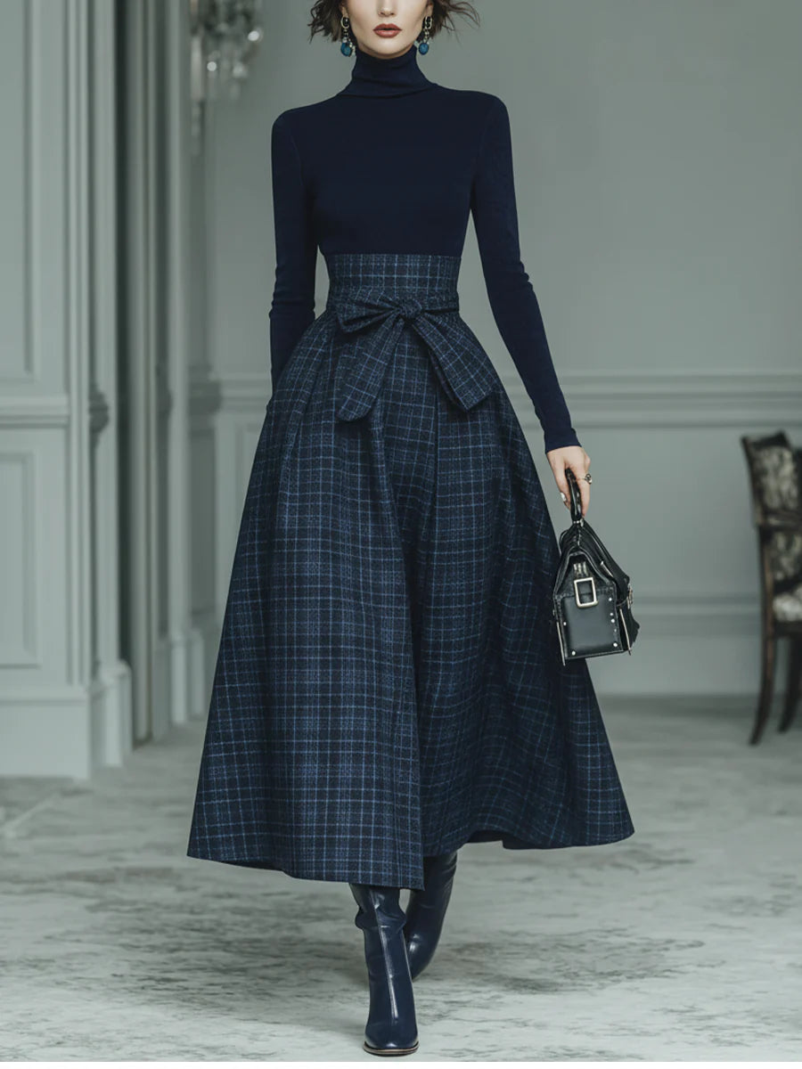 Dark blue turtleneck stretch top and checked skirt set