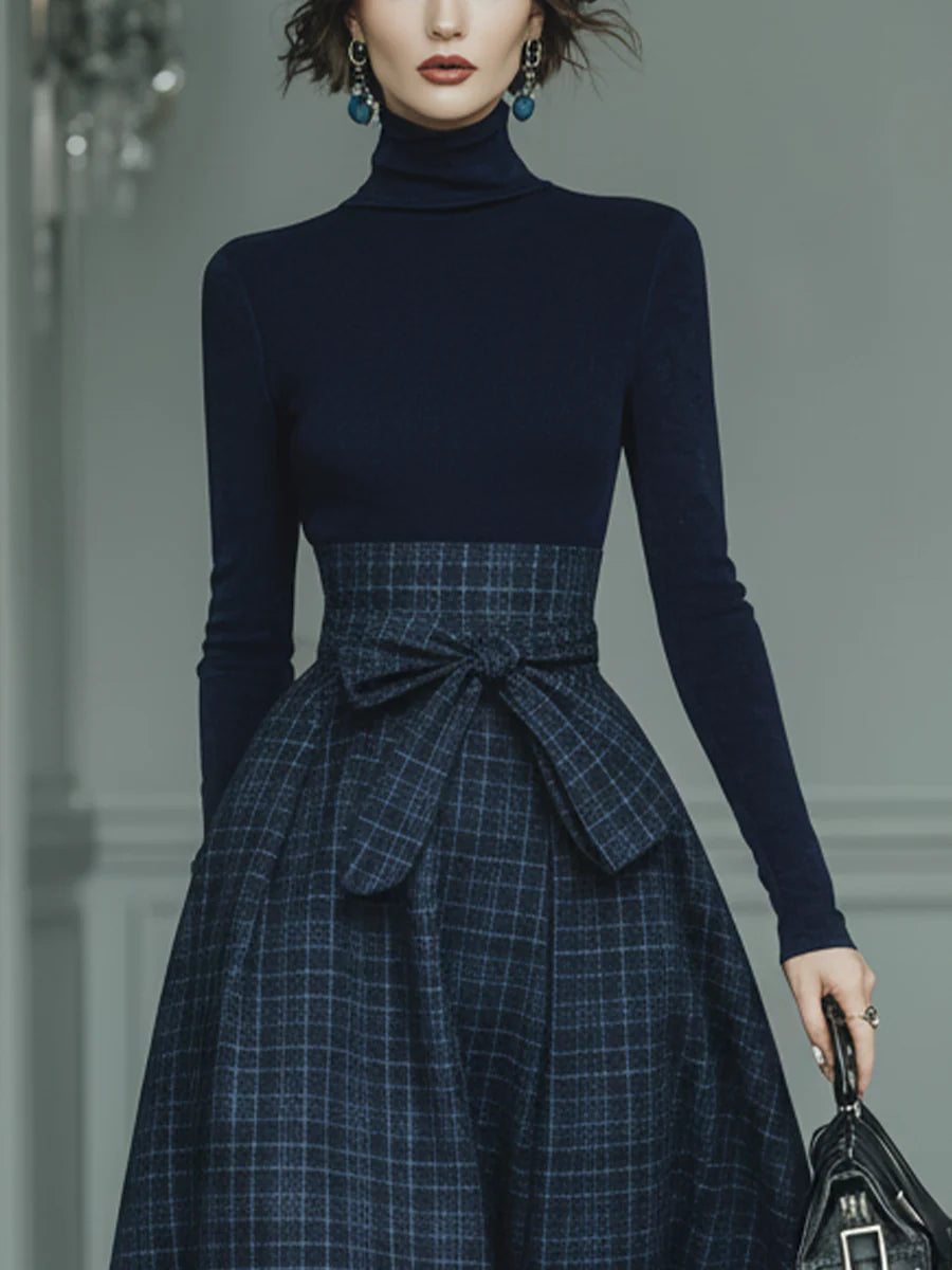 Dark blue turtleneck stretch top and checked skirt set