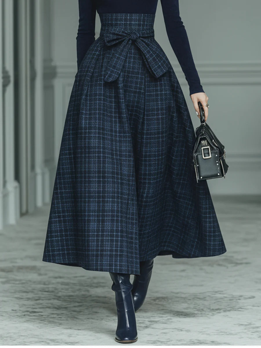 Dark blue turtleneck stretch top and checked skirt set
