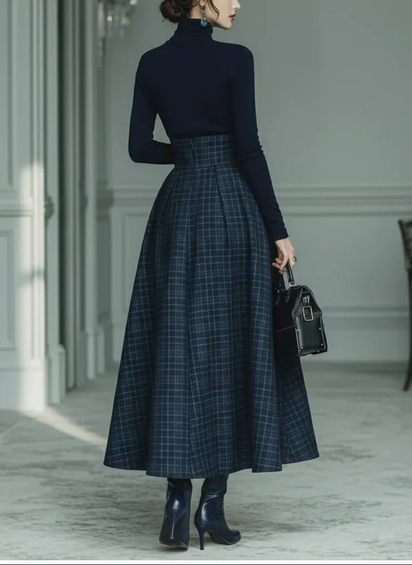 Dark blue turtleneck stretch top and checked skirt set