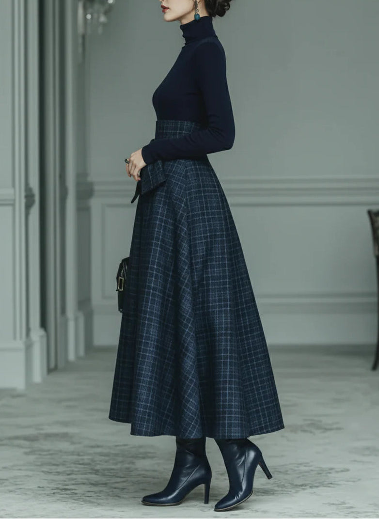 Dark blue turtleneck stretch top and checked skirt set