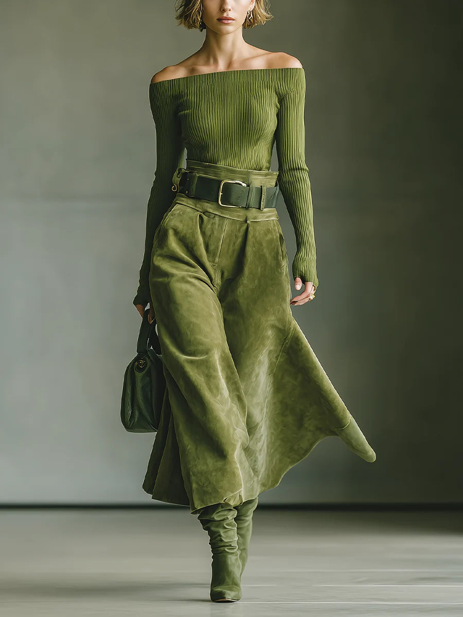 Olive green off-shoulder top and faux suede skirt set (Includes belt)
