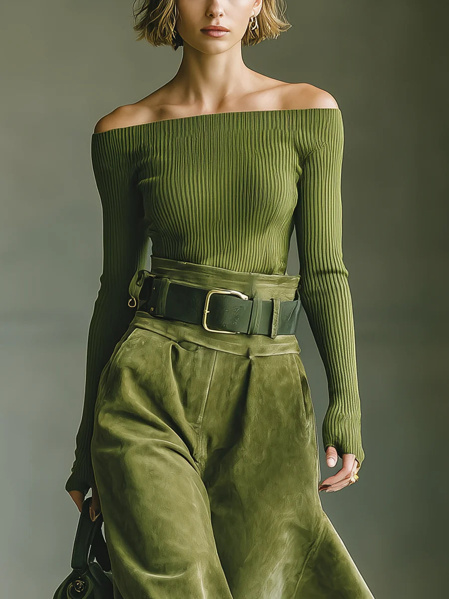 Olive green off-shoulder top and faux suede skirt set (Includes belt)