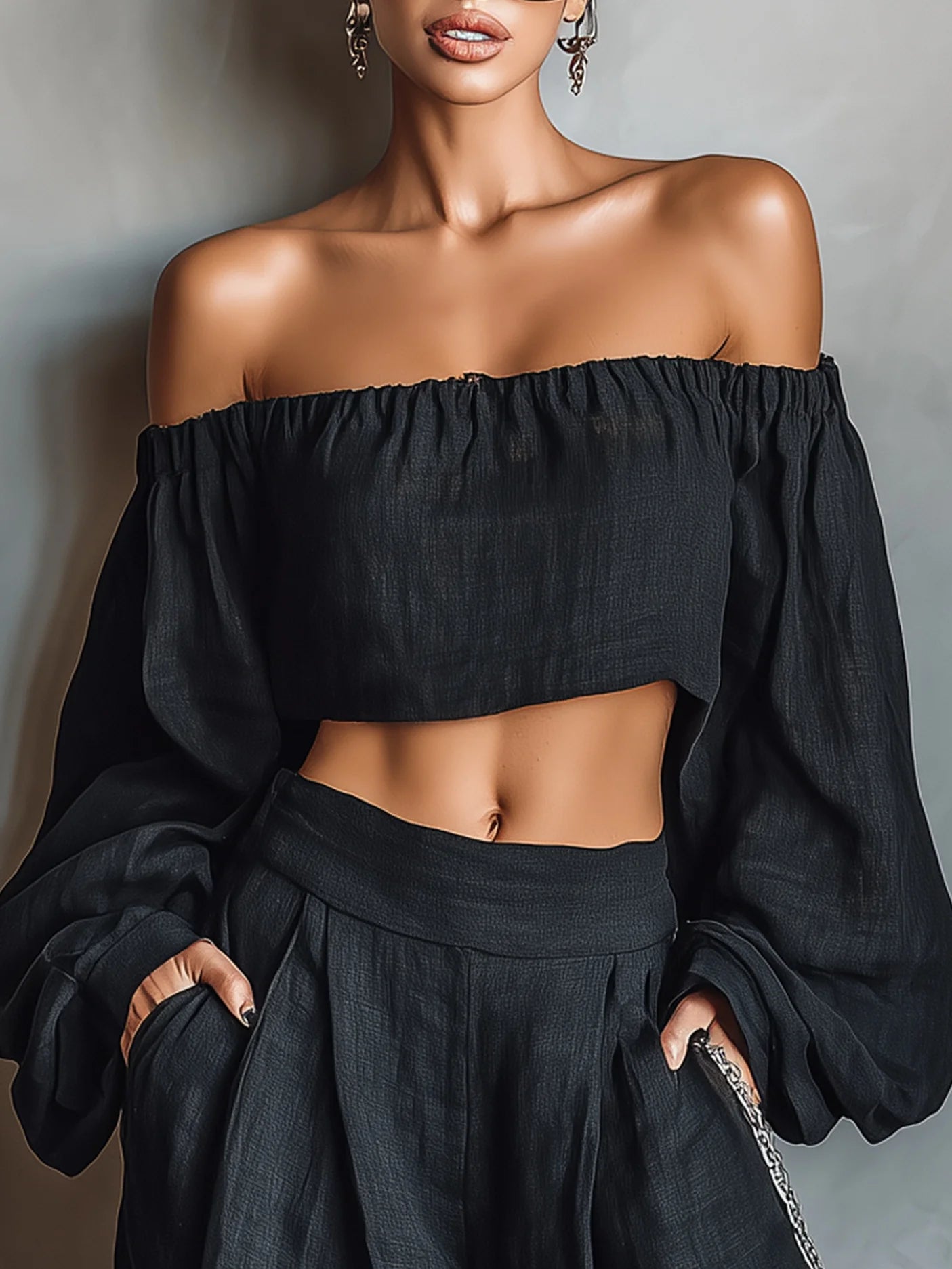 Black off-the-shoulder long sleeve top set with wide pants