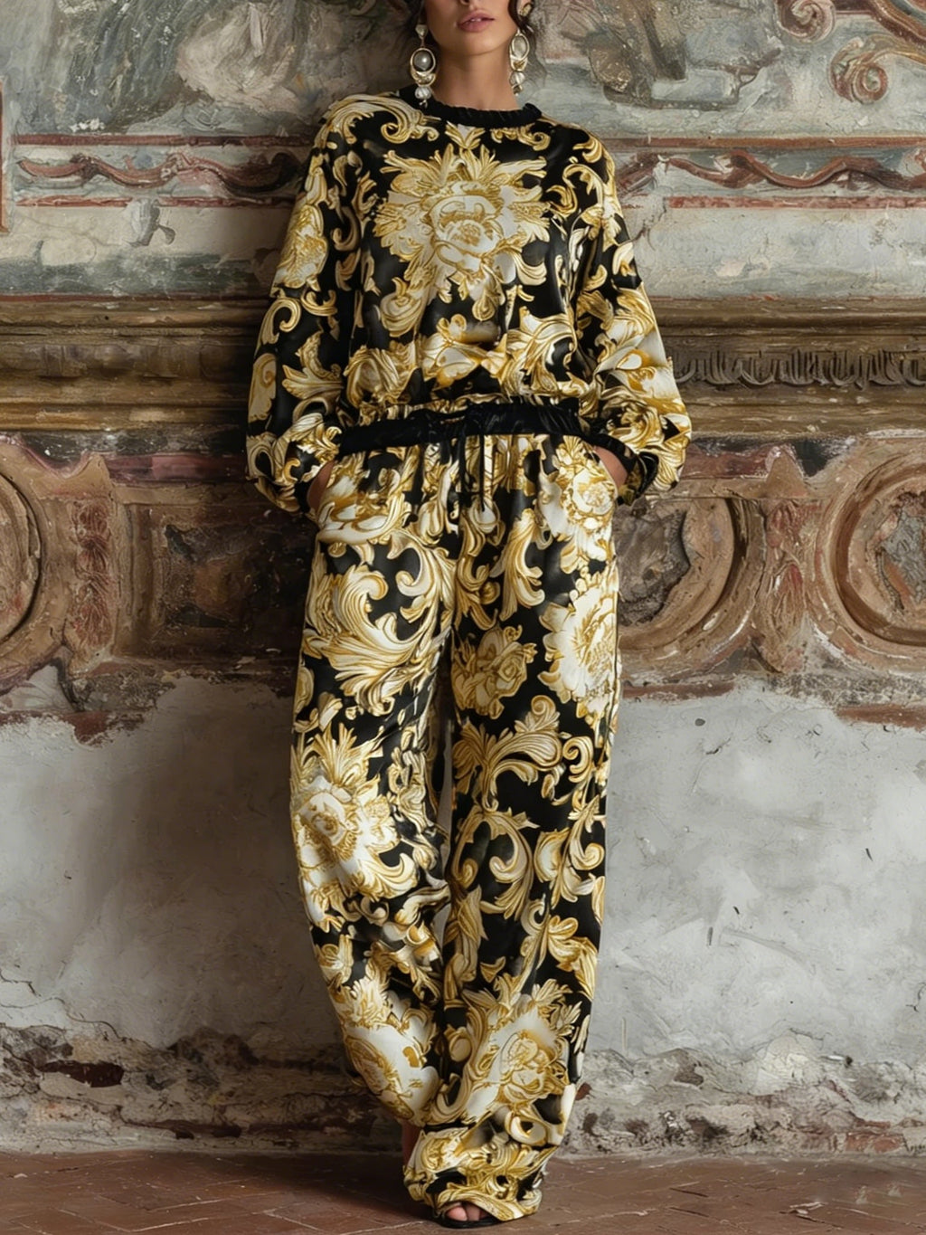 Baroque Floral Print Long-sleeved Top and Wide-leg Trousers Loungewear Set