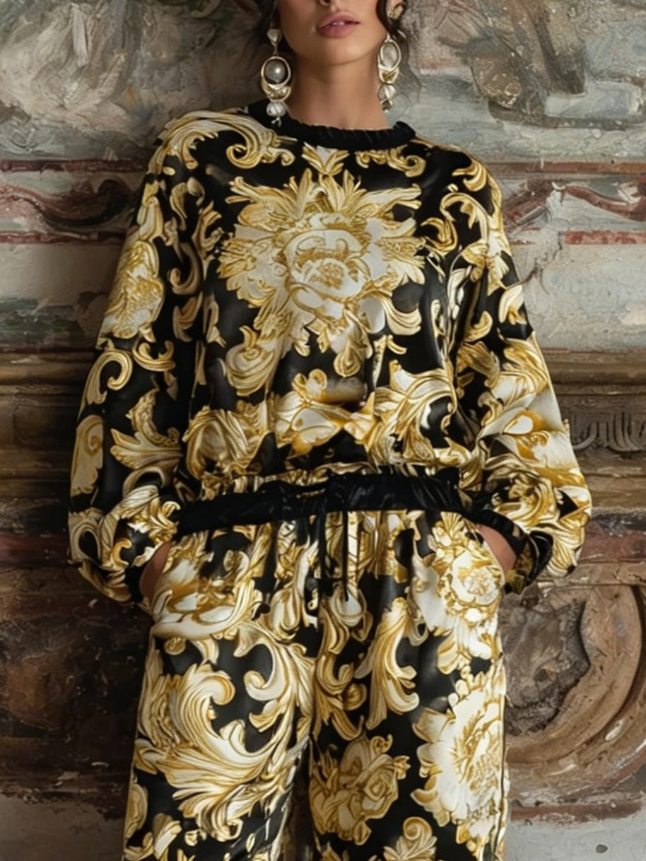 Baroque Floral Print Long-sleeved Top and Wide-leg Trousers Loungewear Set