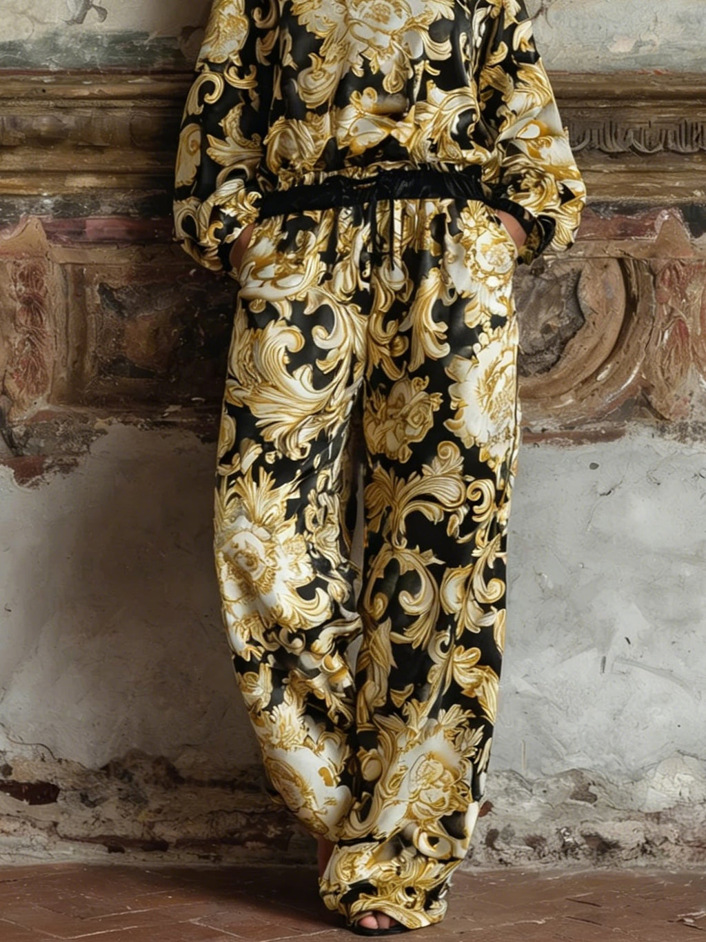 Baroque Floral Print Long-sleeved Top and Wide-leg Trousers Loungewear Set