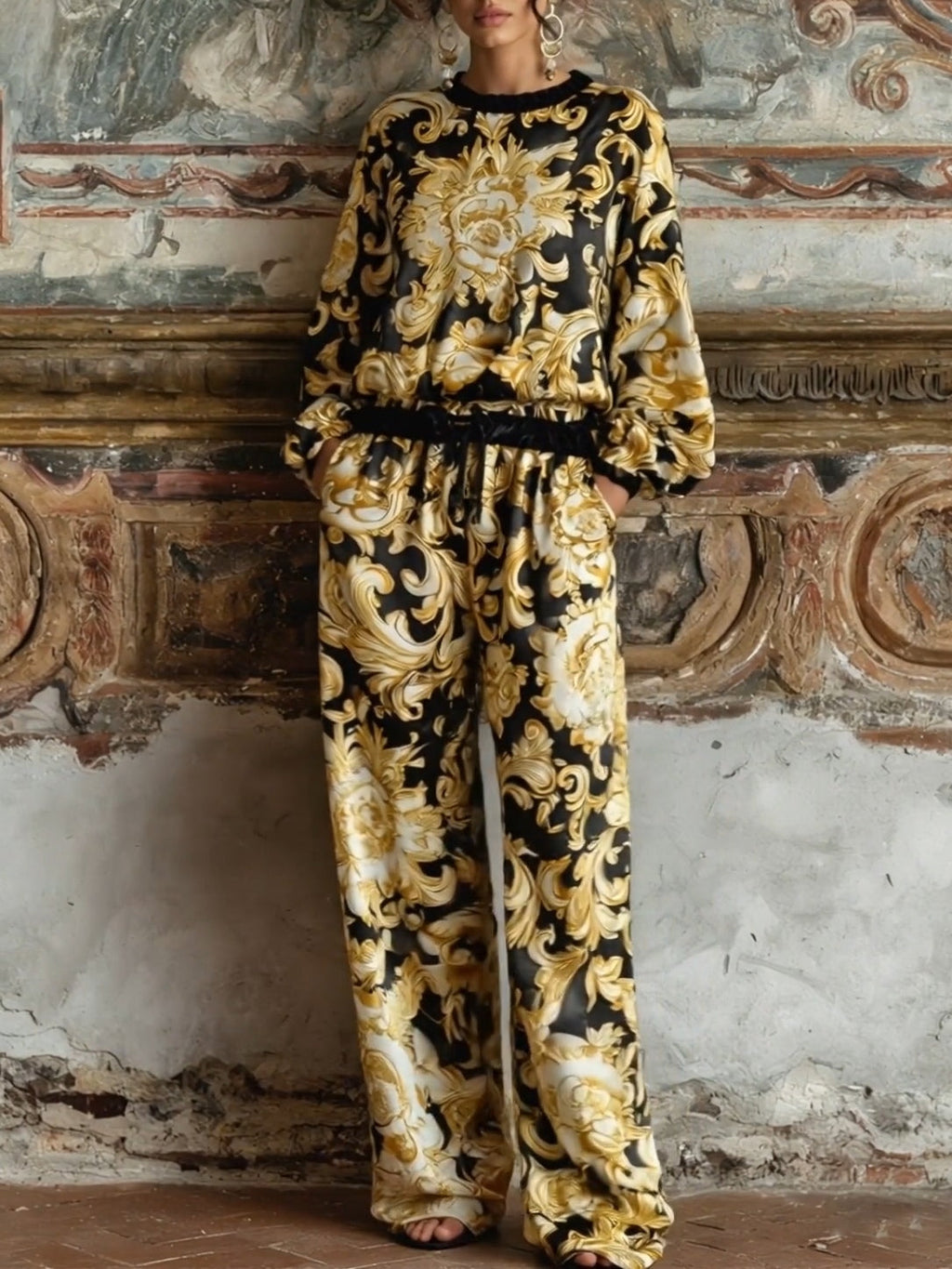 Baroque Floral Print Long-sleeved Top and Wide-leg Trousers Loungewear Set