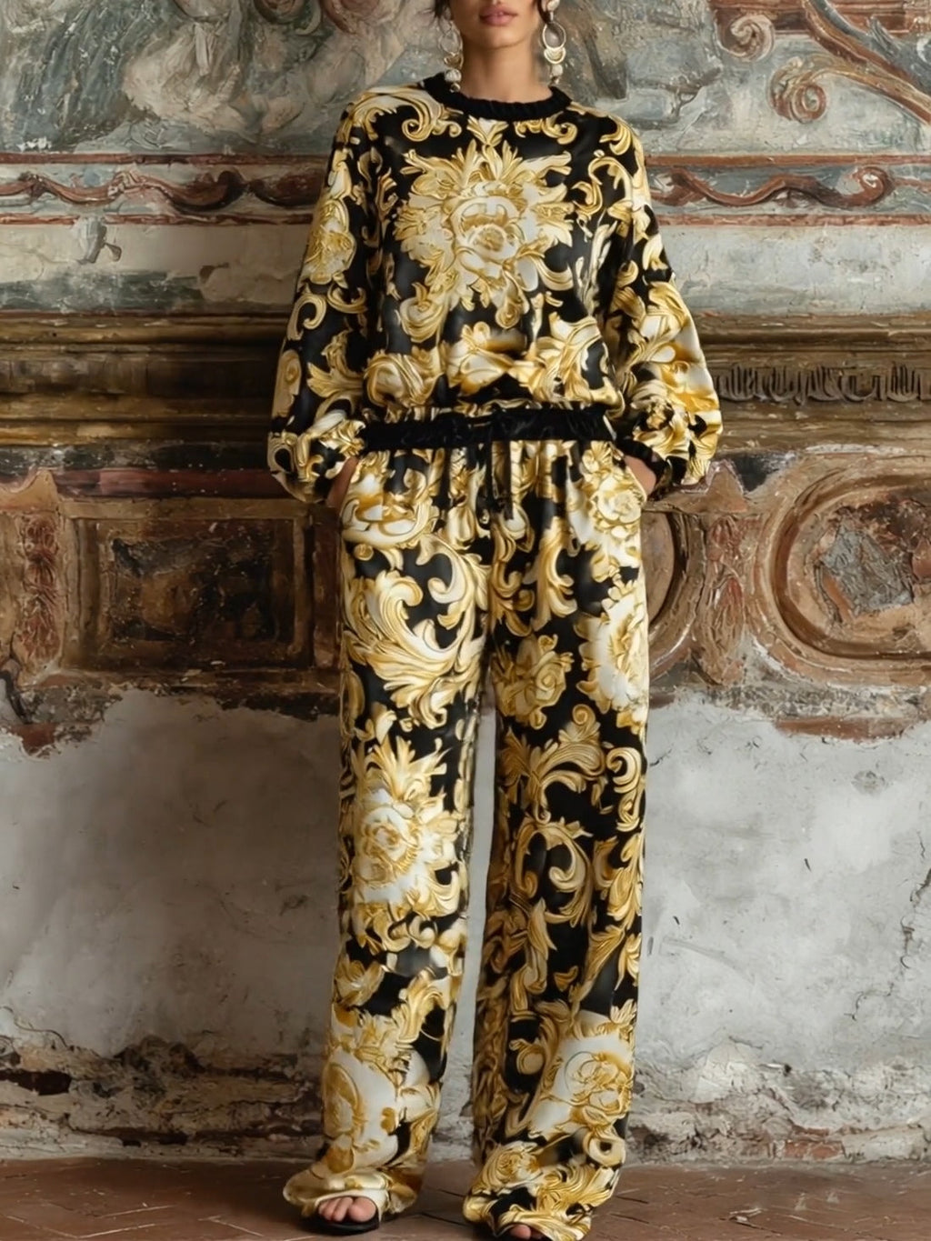 Baroque Floral Print Long-sleeved Top and Wide-leg Trousers Loungewear Set