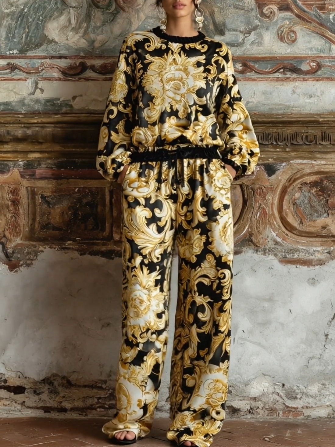 Baroque Floral Print Long-sleeved Top and Wide-leg Trousers Loungewear Set