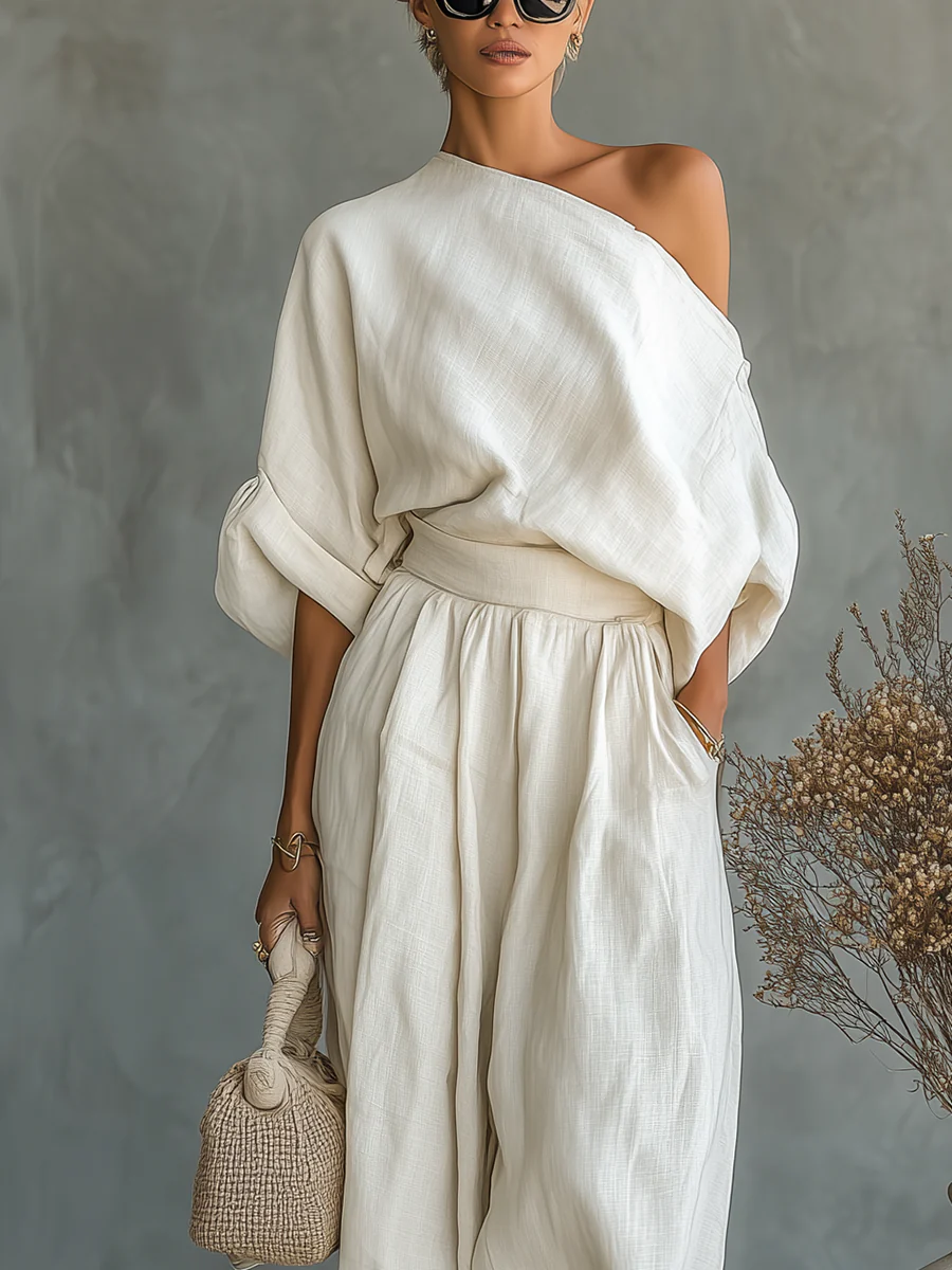 Off-White Off-Shoulder Loose Top and Tapered Trousers Set