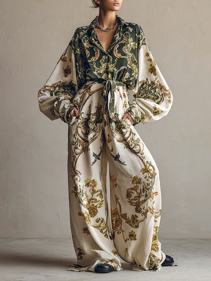 Retro Baroque Floral Print Shirt and Wide-leg Trousers Set