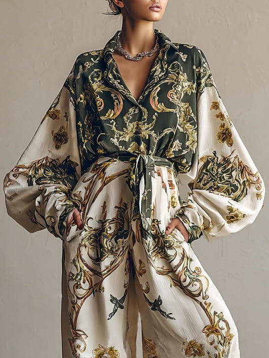 Retro Baroque Floral Print Shirt and Wide-leg Trousers Set