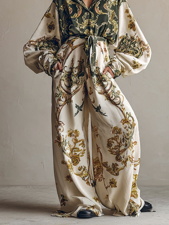 Retro Baroque Floral Print Shirt and Wide-leg Trousers Set