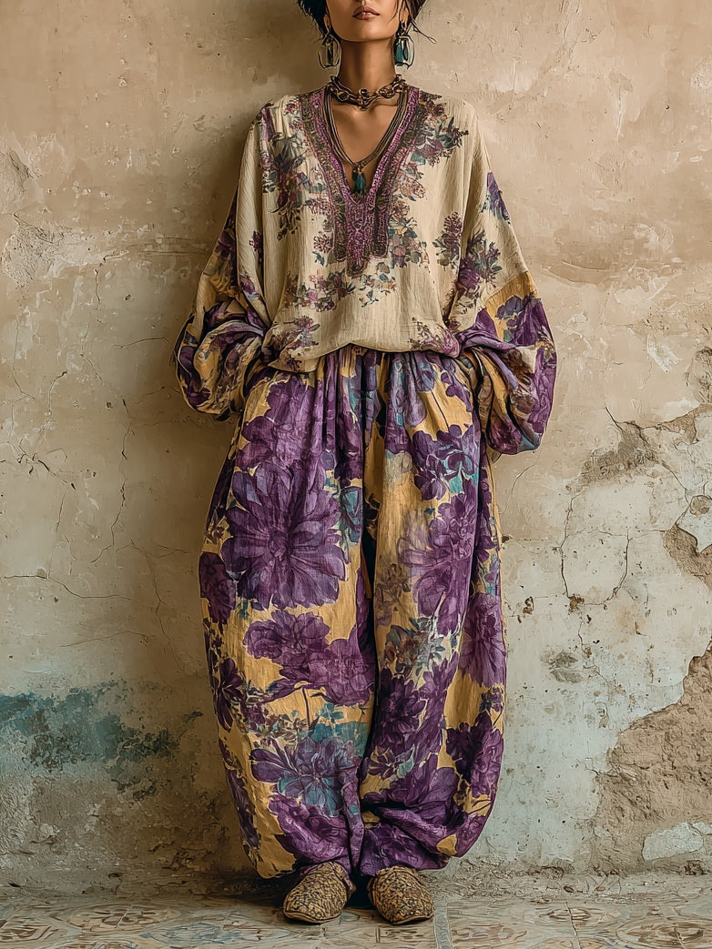Bohemian Floral Print Loose V-neck Top and Wide-leg Trousers Set