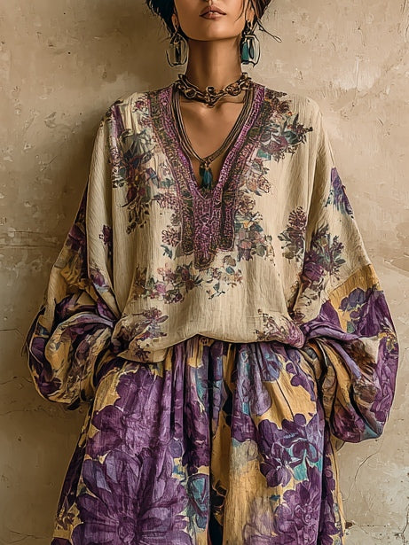 Bohemian Floral Print Loose V-neck Top and Wide-leg Trousers Set