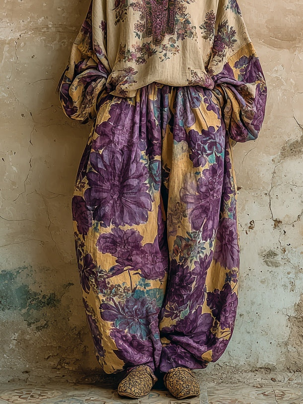 Bohemian Floral Print Loose V-neck Top and Wide-leg Trousers Set