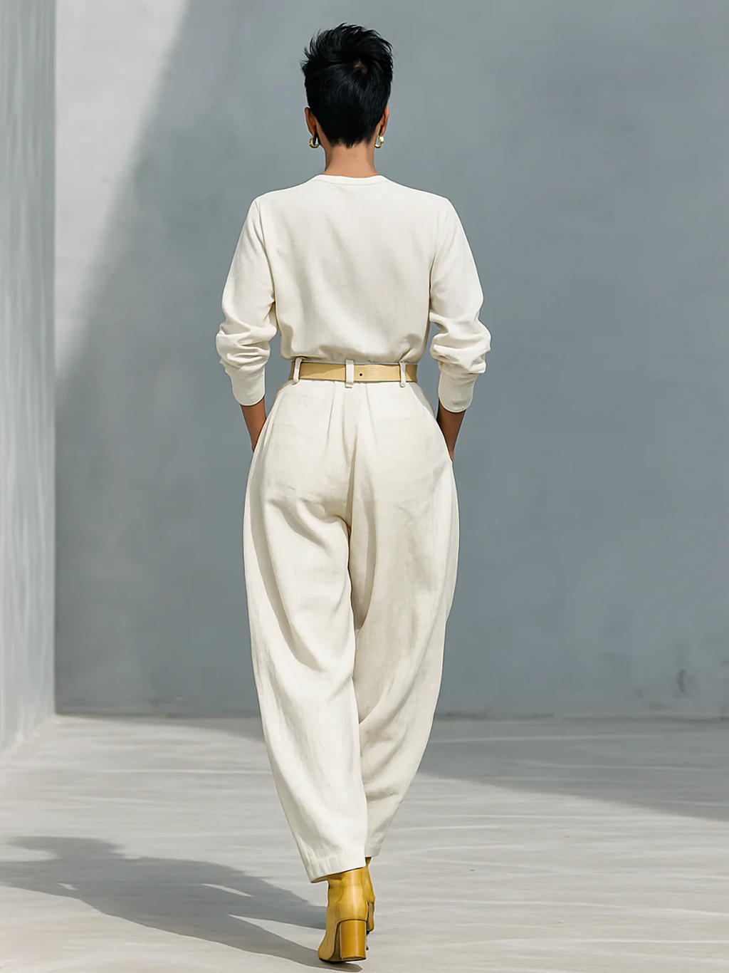 Off-white Crew Neck Long-sleeved Shirt and Loose-fitting Trousers Suit (with belt)