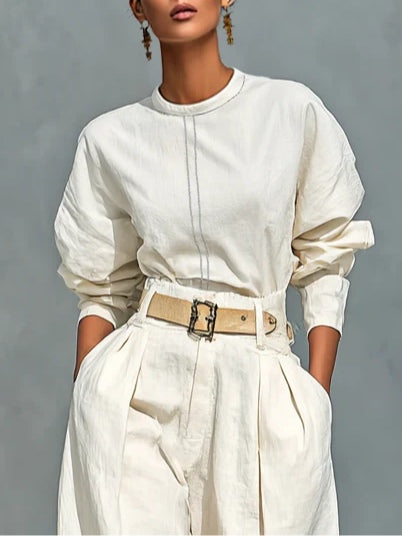 Off-white Crew Neck Long-sleeved Shirt and Loose-fitting Trousers Suit (with belt)
