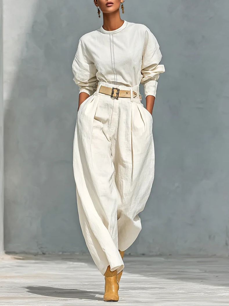 Off-white Crew Neck Long-sleeved Shirt and Loose-fitting Trousers Suit (with belt)