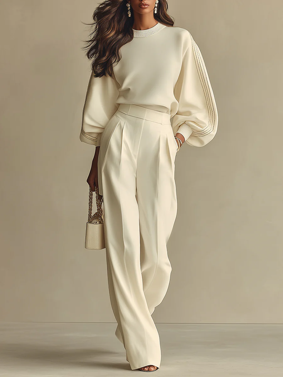 Ivory Ribbed Crew Neck Top and High-waisted Wide-leg Trousers Suit