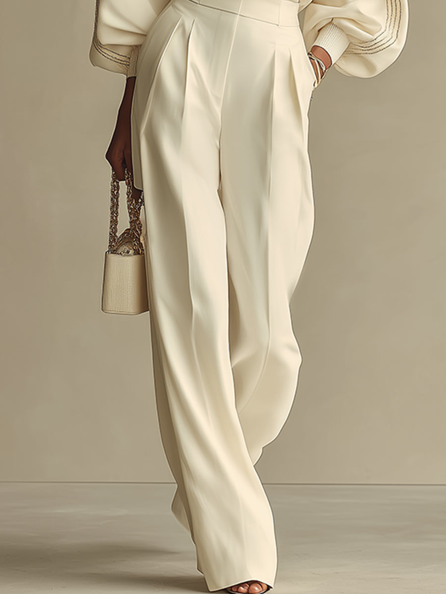 Ivory Ribbed Crew Neck Top and High-waisted Wide-leg Trousers Suit