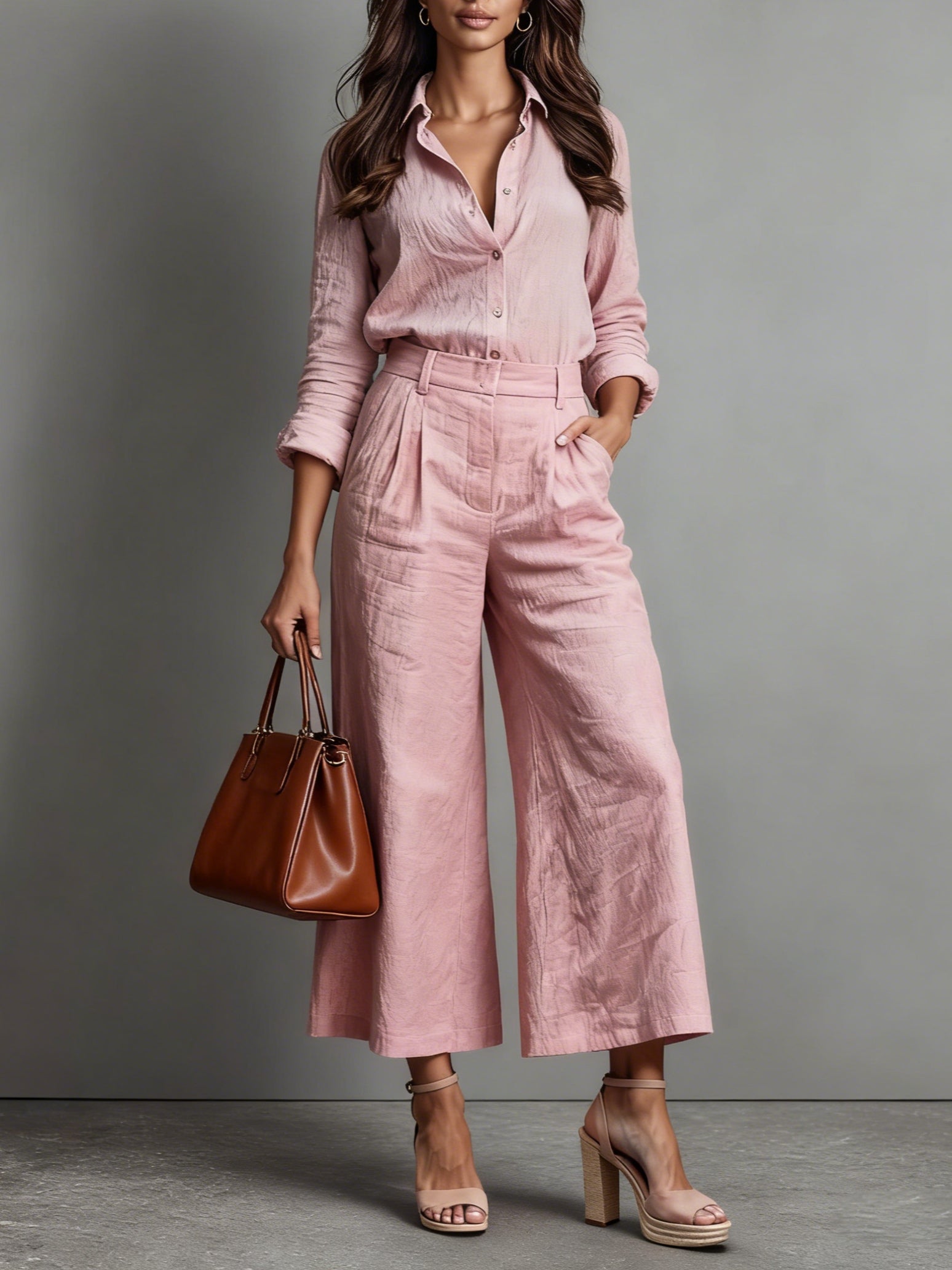 Pink Capri Pants and Loose Shirt Linen Set