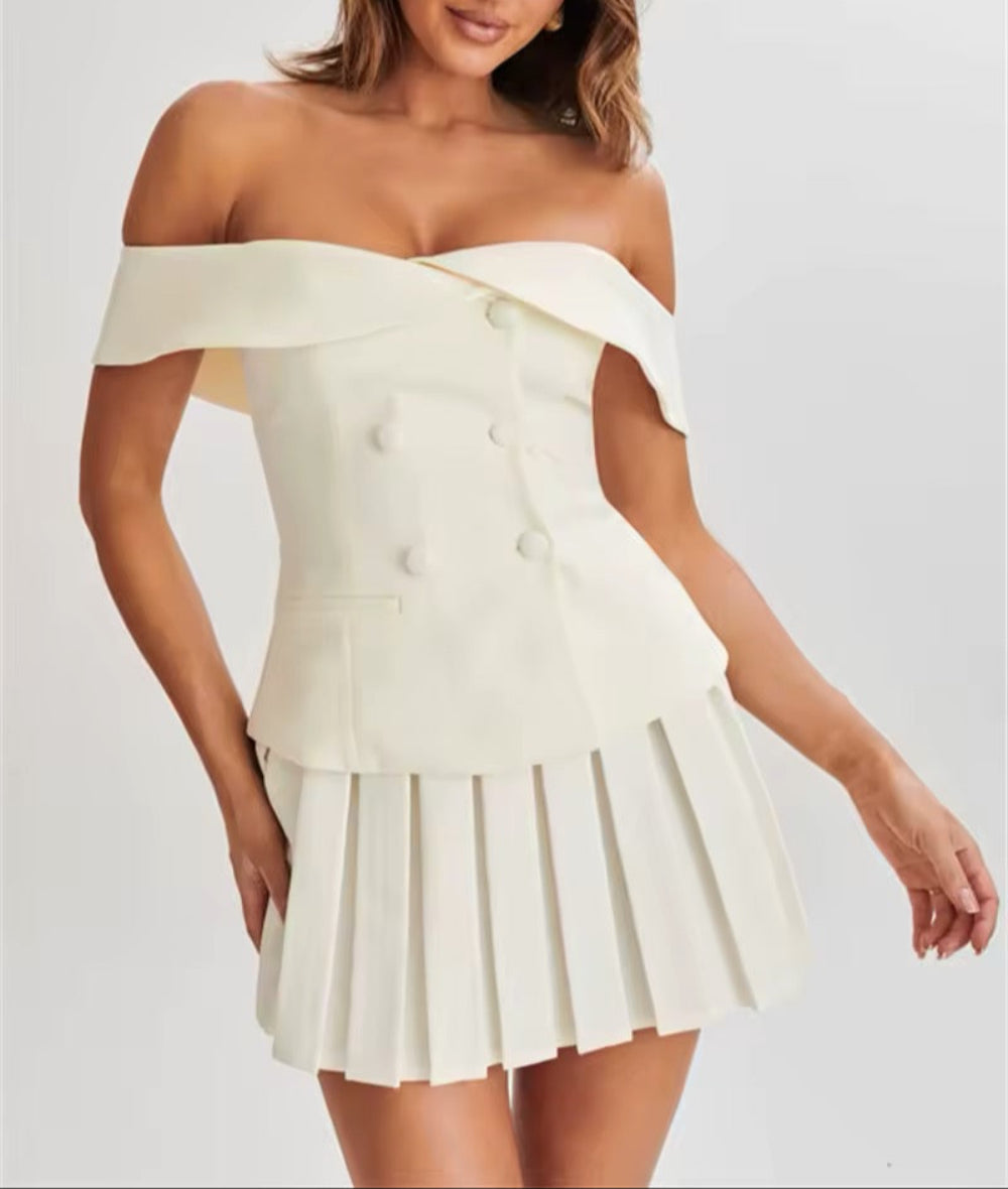 One-Shoulder Suit Top with Pleated Skirt Suit