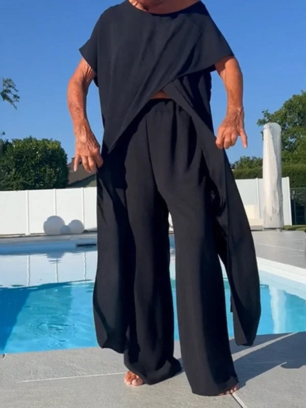 Breathable Wide-leg Trousers and Tapered Long Short-sleeved Top Set