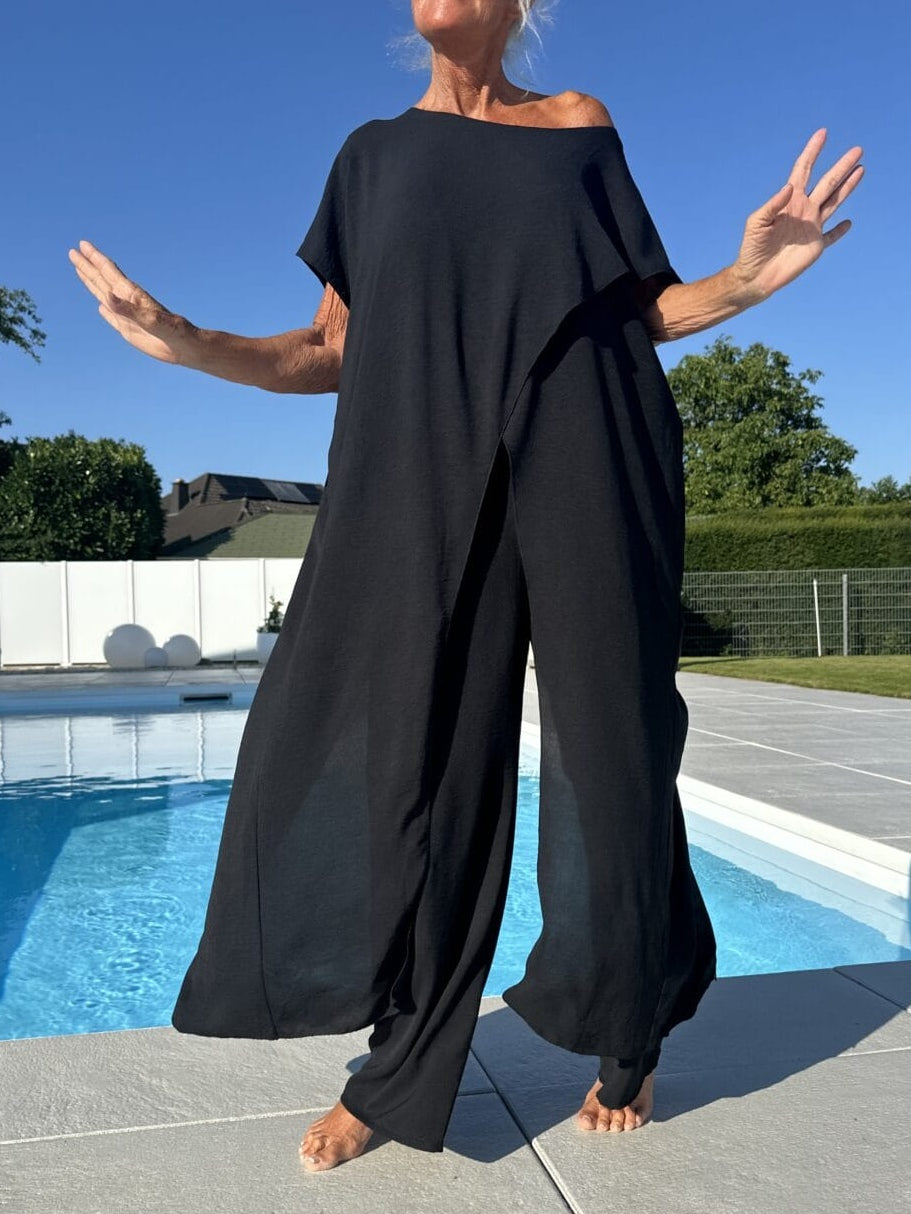 Breathable Wide-leg Trousers and Tapered Long Short-sleeved Top Set