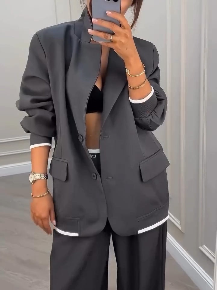 Grey Patchwork Single-Breasted Blazer and Trousers Two-Piece Set