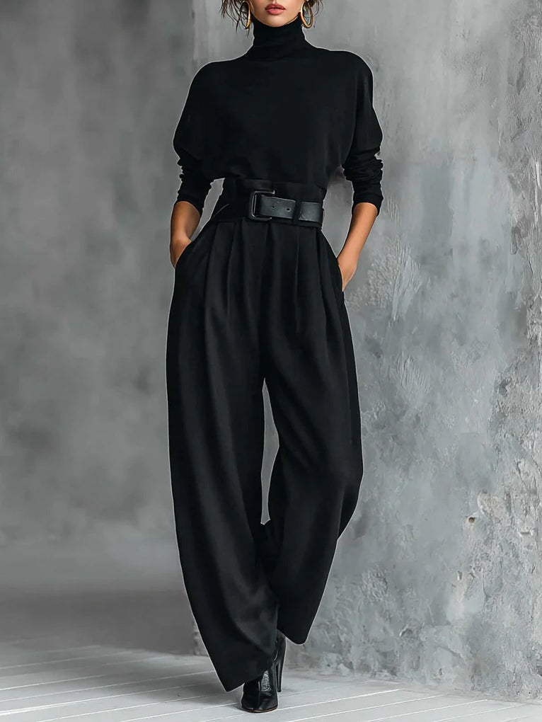 All-black Turtleneck Long-sleeved T-shirt And Straight-leg Trousers Two-piece Set (including Belt)